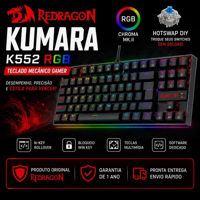 Teclado Mecânico Redragon Kumara K552 RGB TKL ABNT2 Hotswap Original
