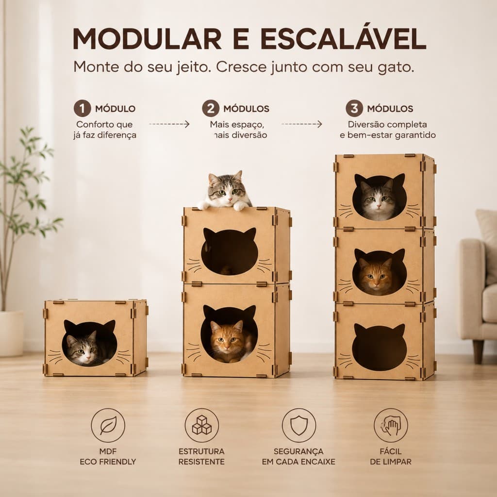 Casinha para Gato em MDF Modular com Toca e Playground para Espaco Pet