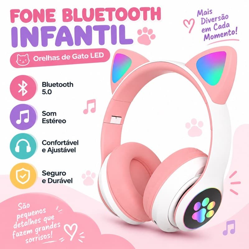 Fones de ouvido de gato com LED sem fio Bluetooth para gatinhos