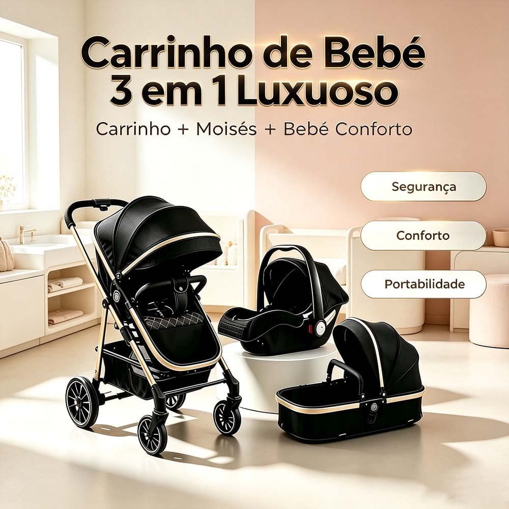 Carrinho Completo 3 EM 1 Com Moisés e Bebe Conforto – Seguro e Confortável, O Preferido das Mamães！