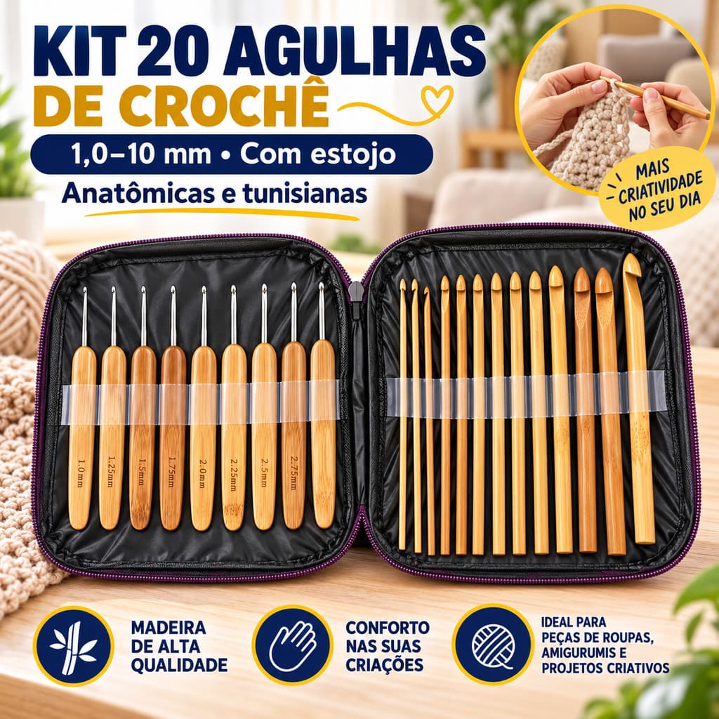 Kit 20 Agulhas de Crochê em Bambu com Estojo Vários Tamanhos Confortável Antiderrapante para Barbante Lã