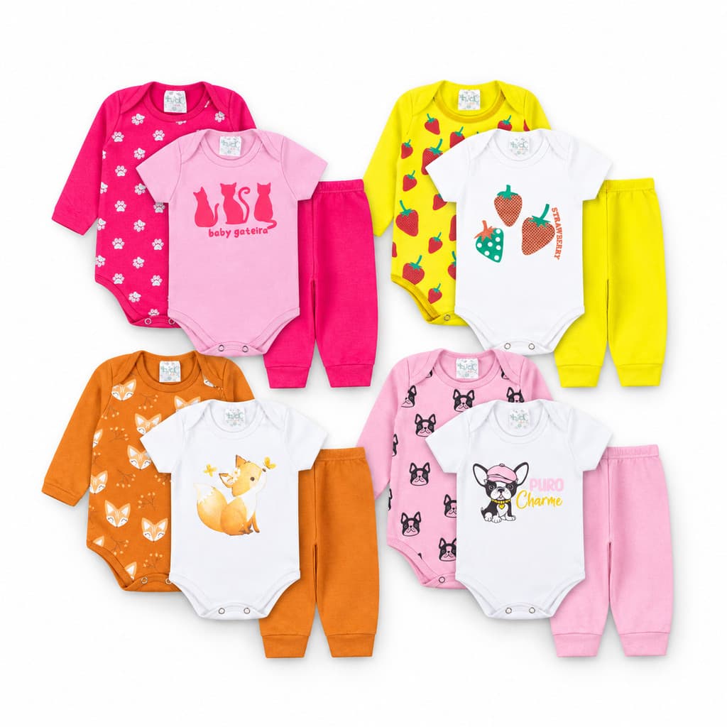 Kit 3 Peças Body Bebê Manga Curta e Longa + Mijão Menino e Menina Algodão Macio Premium Enxoval Unissex P ao GG
