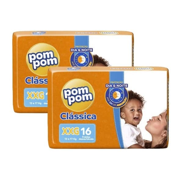 kit 2 Fralda Descartável Pom Pom Clássica Jumbo Tamanho XXG Pacotes com 16 Fraldas