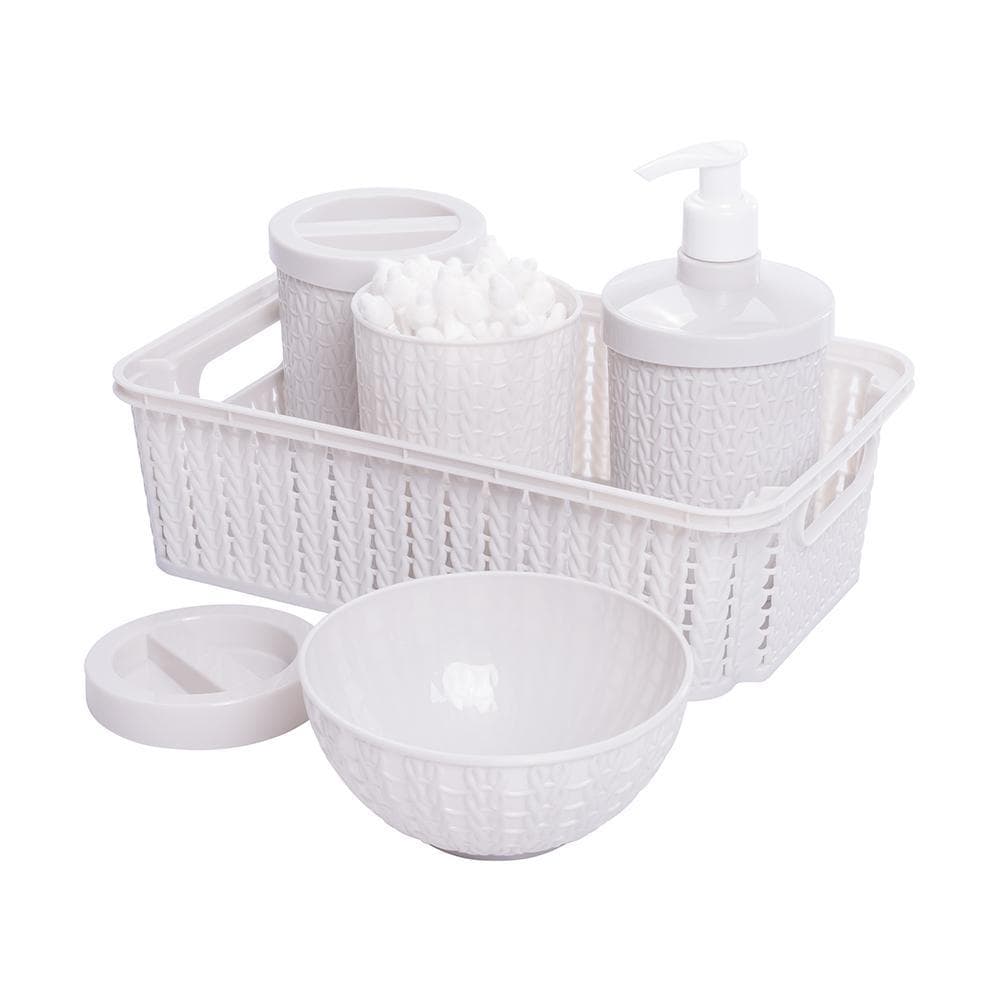 Kit 5 Peças Higiene Bebê Porta Algodão Cotonete Molhadeira Sabonete Cesta Organizadora Enxoval Trama Branco Plasútil