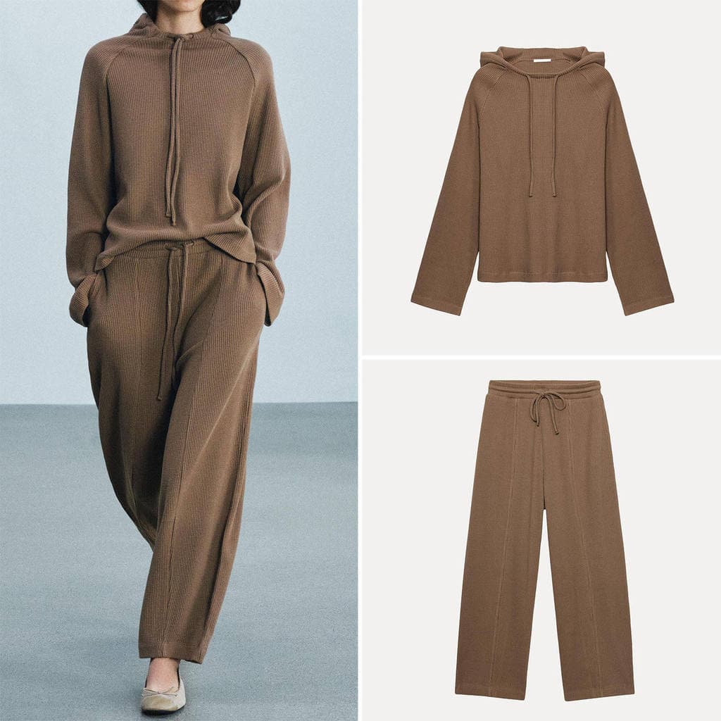 Moletom feminino com capuz Waffle de manga comprida novo estilo 20264174833Calças largas4174834 CONJUNTO DE CONJUNTO DE 