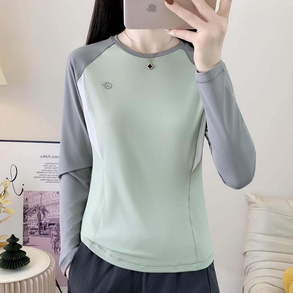 Roupas de Fitness femininas de manga comprida ao ar livre roupas de secagem rápida contraste cor costura camiseta fino a