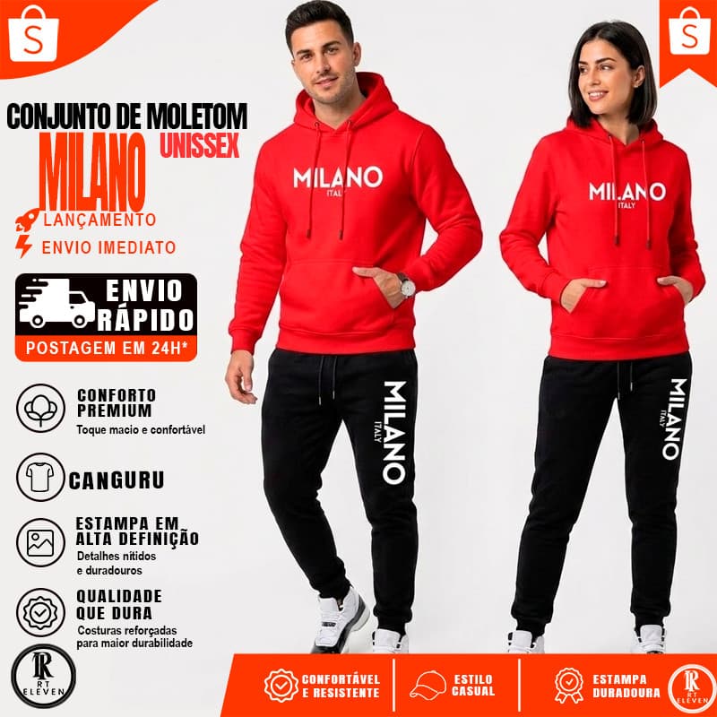Conjunto Moletom Unissex Estampado Milano Italy Calça Moletom e Blusa Com Capuz Bolso Canguru Lançamento 2026 RT Eleven