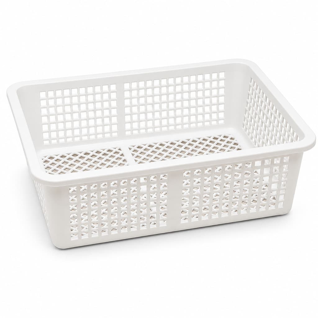 Cesto Organizador Plástico Branco Telado Retangular Multiuso 30x22x9cm Alças Laterais Cozinha Banheiro Escritório