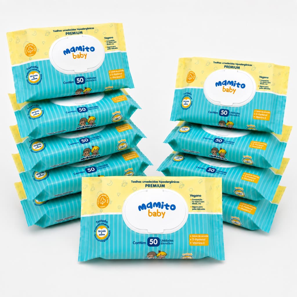 Kit 10 Pacotes Lenço Umedecido Bebê Mamito Baby Com Tampa - 50 Folhas