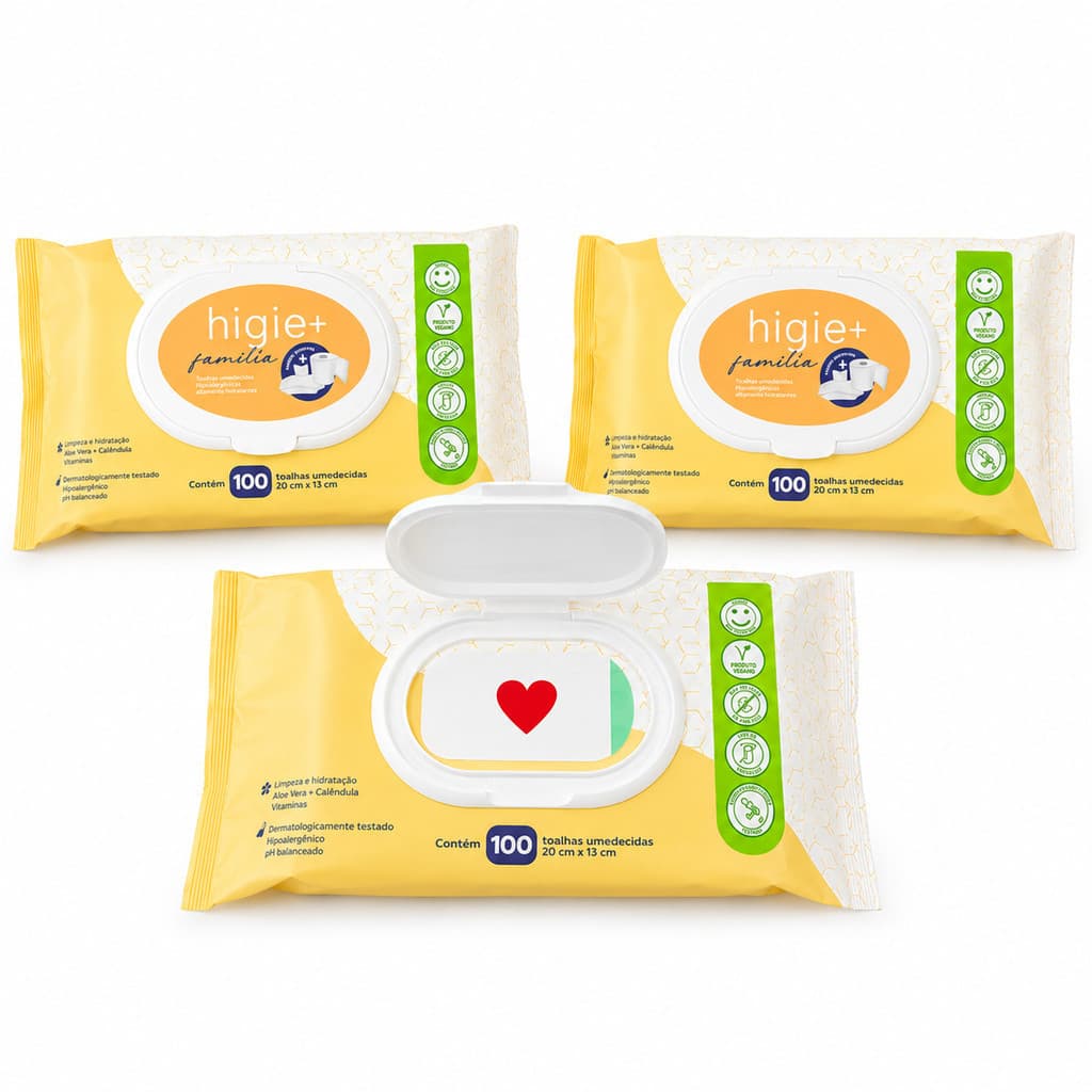 Kit 3 Pacotes Lenço Umedecido Bebê e Família Higie+ Com Tampa - 100 Folhas | Vegano e Hipoalergênico