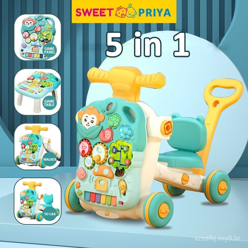 Andador Musical para Bebês 5 em 1, Andador Anti-Tombamento 6 em 1 com Música e Brinquedos, Andador de Empurrar para Apre
