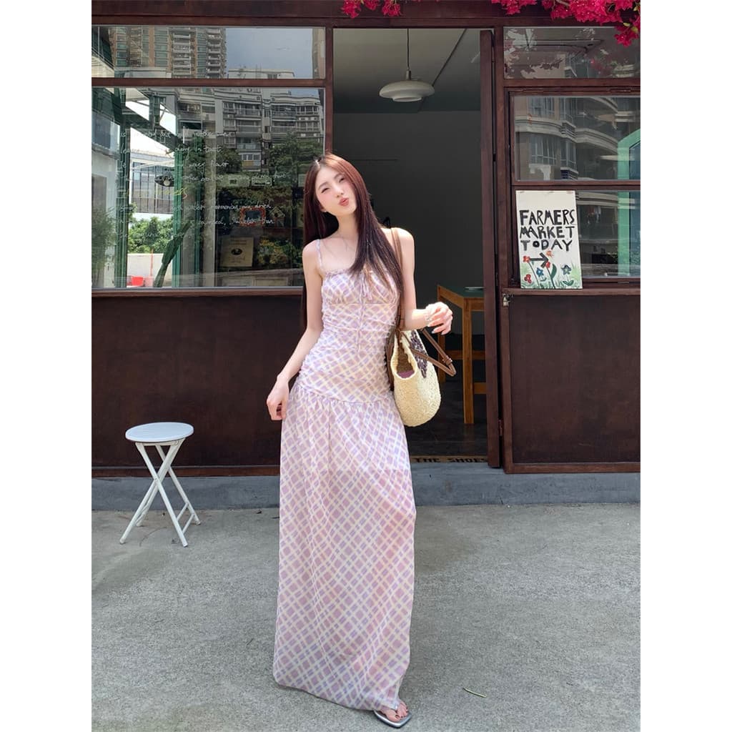 Vestido feminino de alças finas em xadrez rosa estilo francês, vestido de verão com cintura marcada, elegante vestido lo