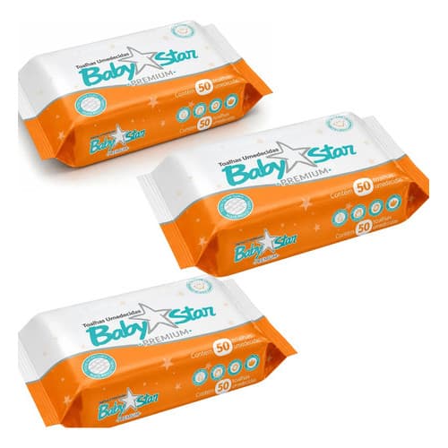 Toalha Lenço Umedecido Infantil Baby Star Kit C/ 150 Un Qlb