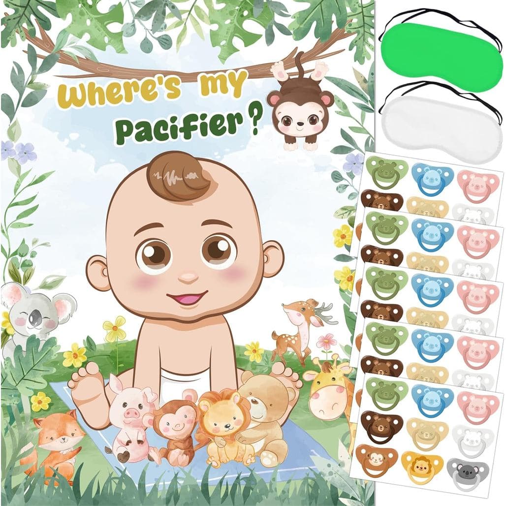 Prenda a Chupeta no Bebê - Decorações para Chá de Bebê com Tema Safari na Selva, com Pôster Grande, Venda para os Olhos,