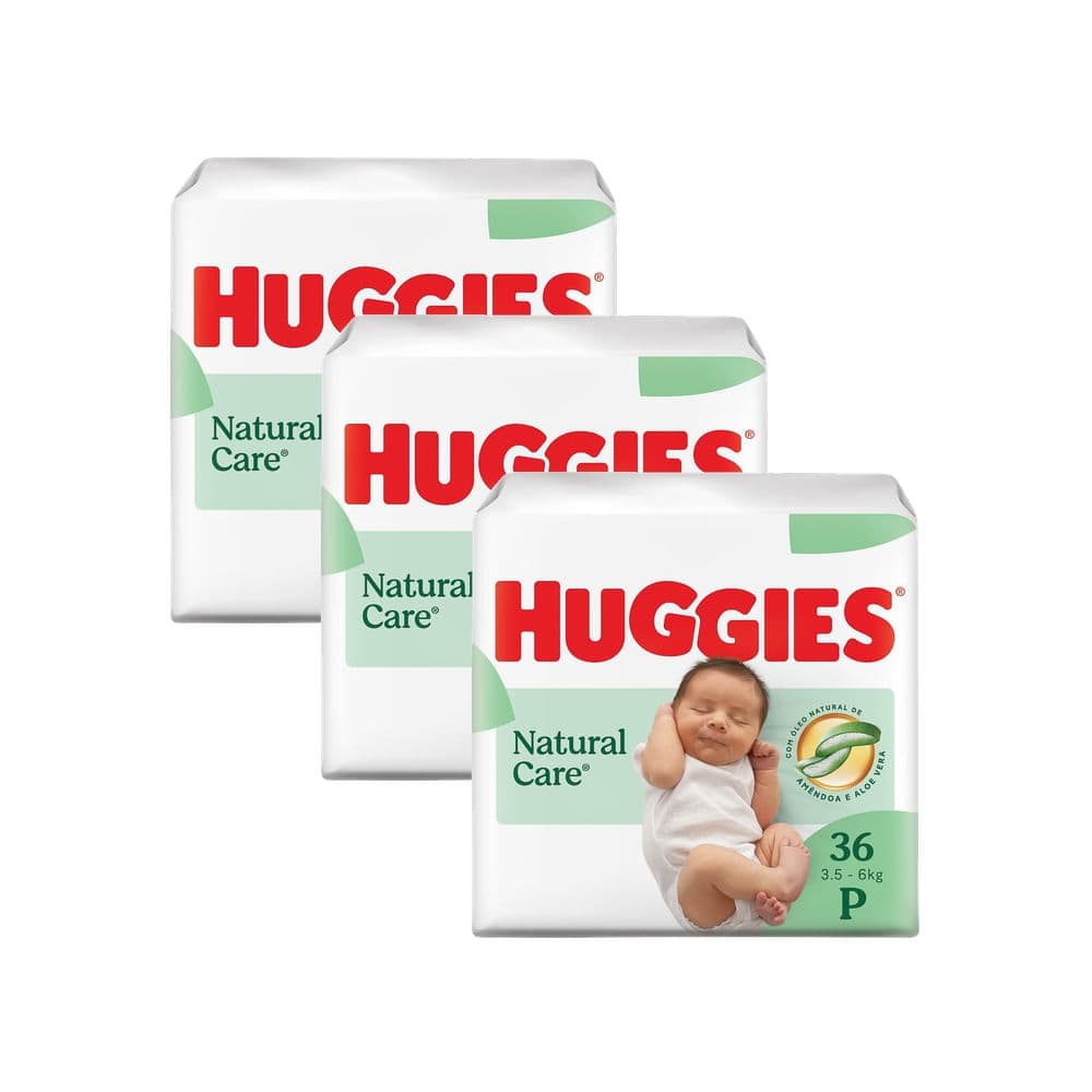 Kit 3 Fralda Huggies Natural Care Tamanho P com 36 Unidades Descartáveis