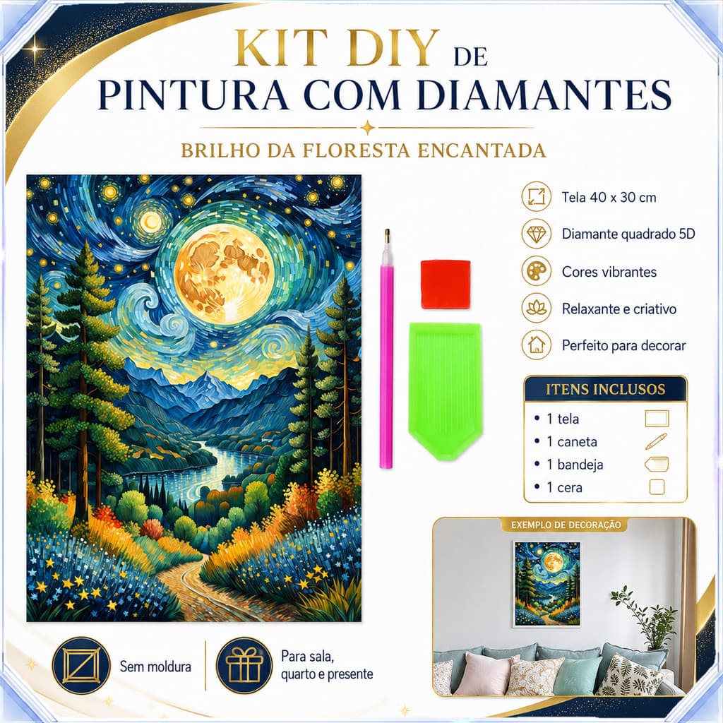 Quadro Pintura Diamante 5D DIY Lua Floresta Lago 40x30cm Kit Completo Artesanato