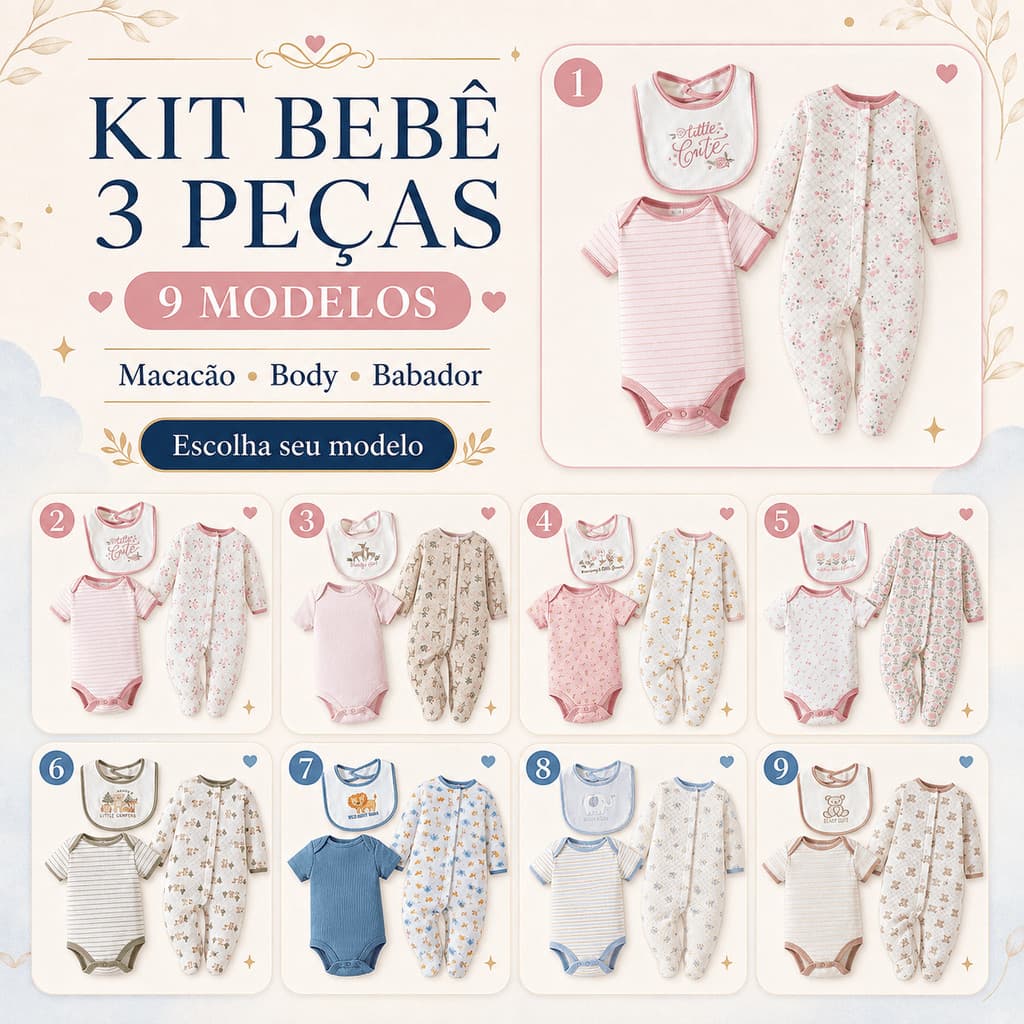 Kit Bebê 3 Peças Macacão Body Babador 60% Algodão 40% Poliéster Roupa Bebê Enxoval Manga Longa e Curta P M G
