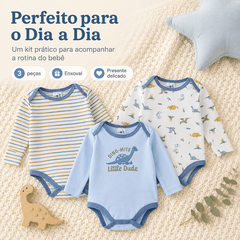 Bodies Bebê Kit 3 Peças Manga Longa 60% Algodão 40% Poliéster Roupa para Bebê Enxoval Troca Diária P M G 0 a 9 Meses