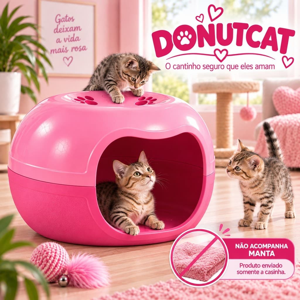 Casinha Rosa para Gatos DonutCat Cama Toca Pet Arredondada Confortável e Divertida