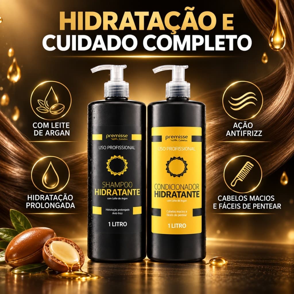 Kit Shampoo e Condicionador Hidratante Premisse 1L com Leite de Argan Antifrizz