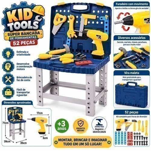 Kit Ferramentas Infantil Completo 52 Peças Brinquedo Educativo Bancada Furadeira Importudo