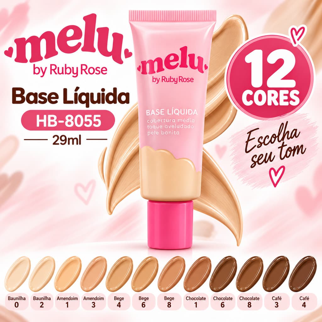 Base Líquida Melu by Ruby Rose HB-8055 29ml Cobertura Média Efeito Natural 12 Cores