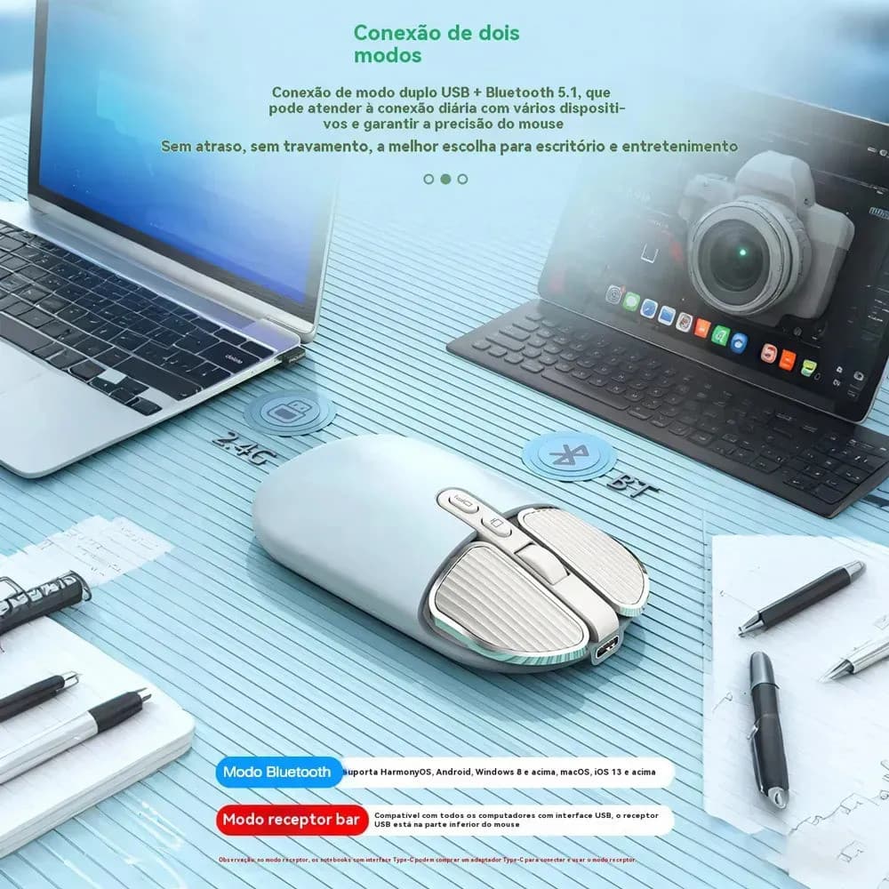Mouse Sem Fio Dupla Conexão Bluetooth USB, Bateria 500mAh Autonomia 60 Dias Silencioso, Mouse Leve Compacto