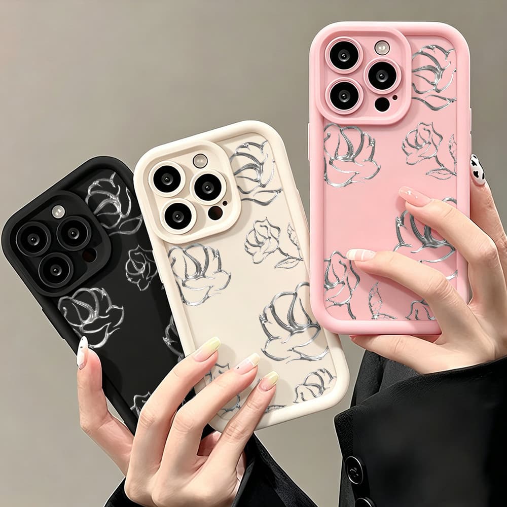 Capinha De Celular Rosas Pretas  Para IPhone 14 15 16 17 18 XR 11 12 13 Pro Max Plus Silicone Macio Celular