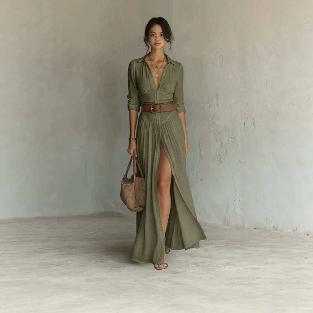 [Roupas femininas da moda] 2026 Vestido camisa de manga comprida com lapela europeia americana Vestido feminino plissado