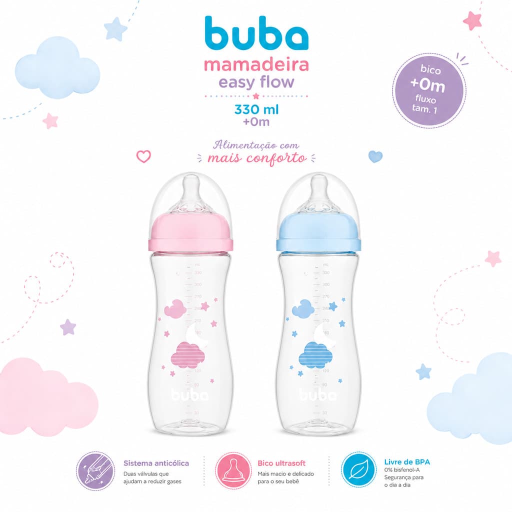 Mamadeira Buba Easy Flow Anticólica Nuvem 330ml Bebê +4m