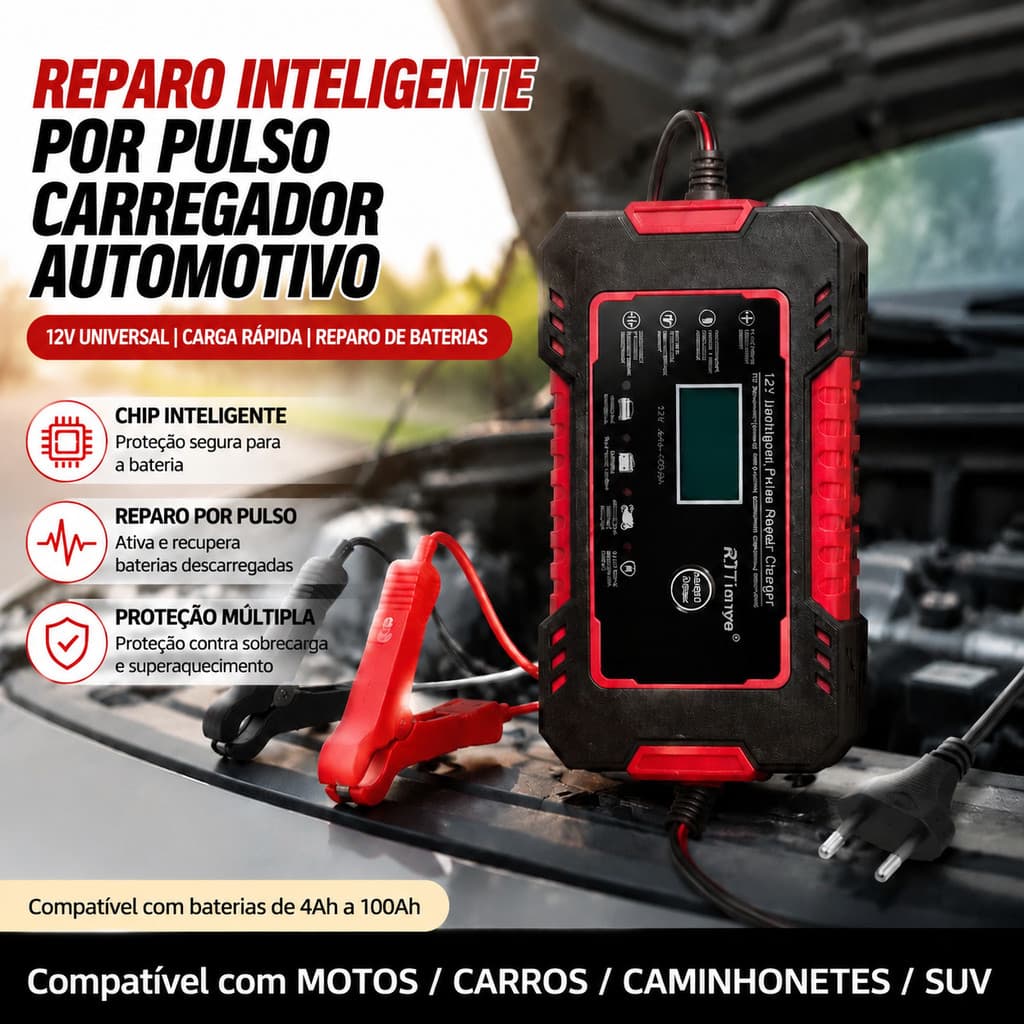 Carregador de bateria automotivo inteligente 12 V Display Digital Automático Energia Reparação Puls-envio imediato