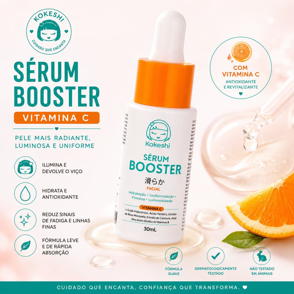 Serum Facial Booster Vitamina C Kokeshi 30ml Serum Facial Vitamina C Para o Rosto Com Ácido Hialurônico e Retinol 30ml