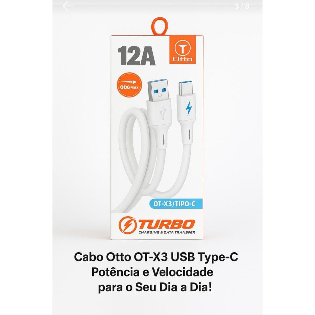 Cabo Carregador Turbo 12A Tipo-C USB Reforçado | Carregador Rápido Celular Branco