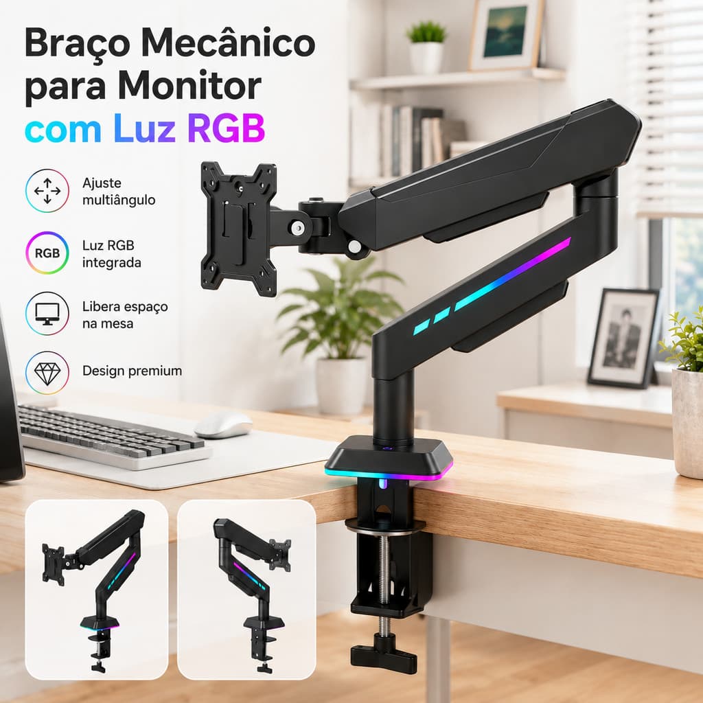 Suporte de Mesa para Monitor Pistão a Gás Rotação Multi Eixos RGB Suporta 2 a 9kg para Mesa Gamer