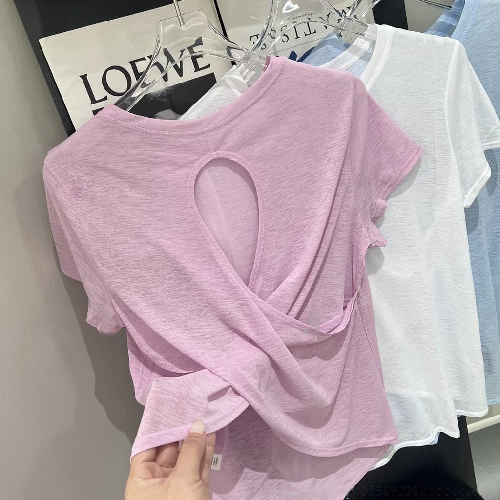 Cruz oca linda volta roupas de Yoga Pilates roupas de Fitness de manga curta Slub fio verão luz esportes topo feminino