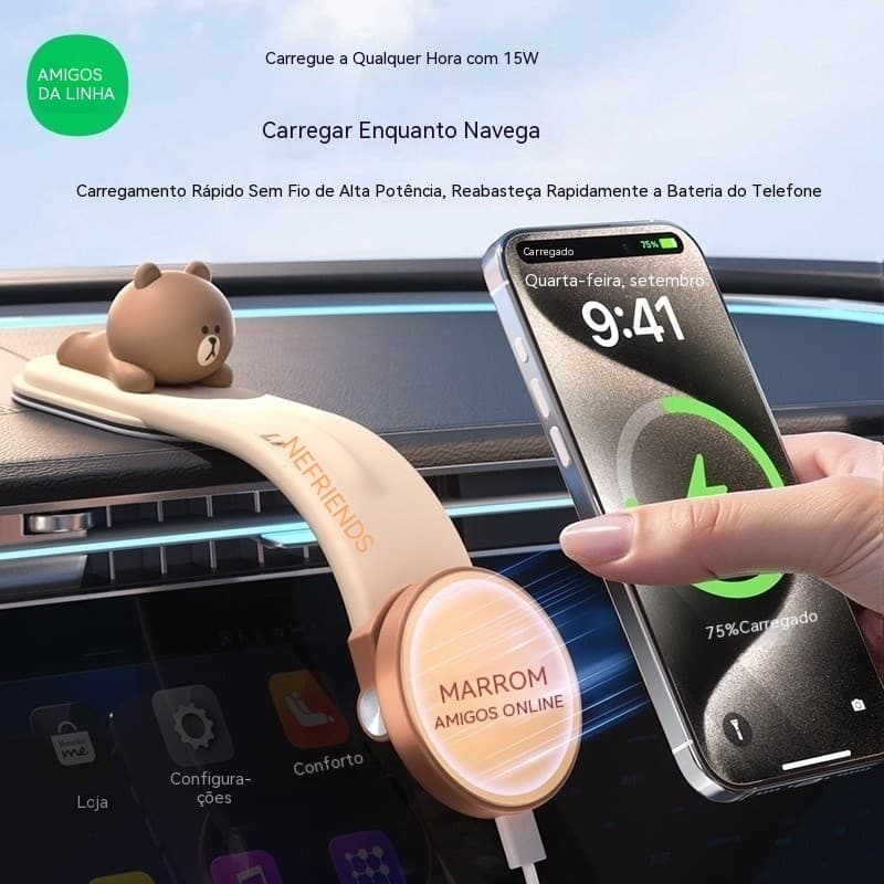 Suporte Magnético para Telefone de Carro Brown Bear com Carregamento Sem Fio, Suporte de Navegação para Telefone, Modelo