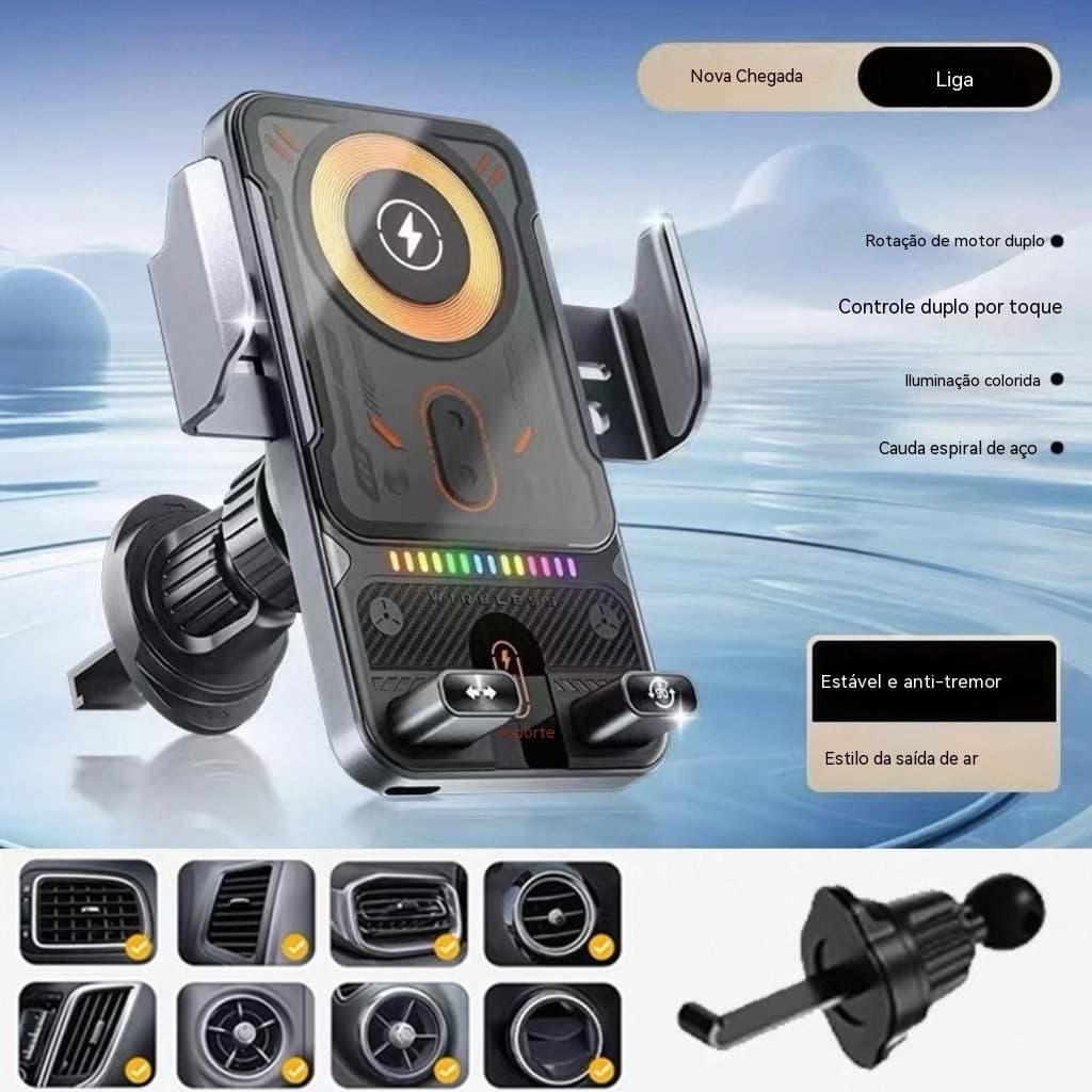 Novo suporte elétrico rotativo para tela horizontal e vertical de carro com carregamento sem fio, suporte de navegação p