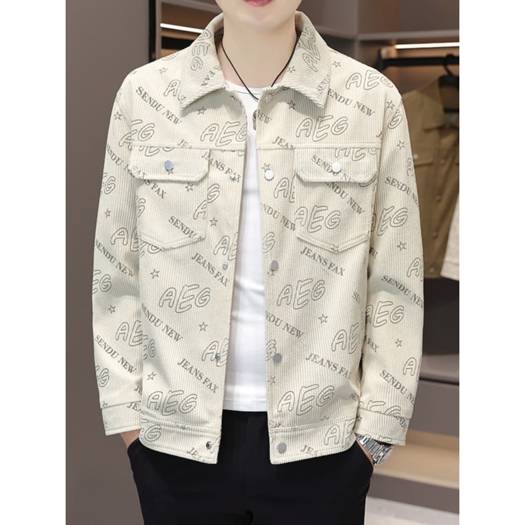 Jaqueta de veludo masculina outono jaqueta 2026 novo estilo fino-ajuste impresso jaqueta masculina bonito na moda outono