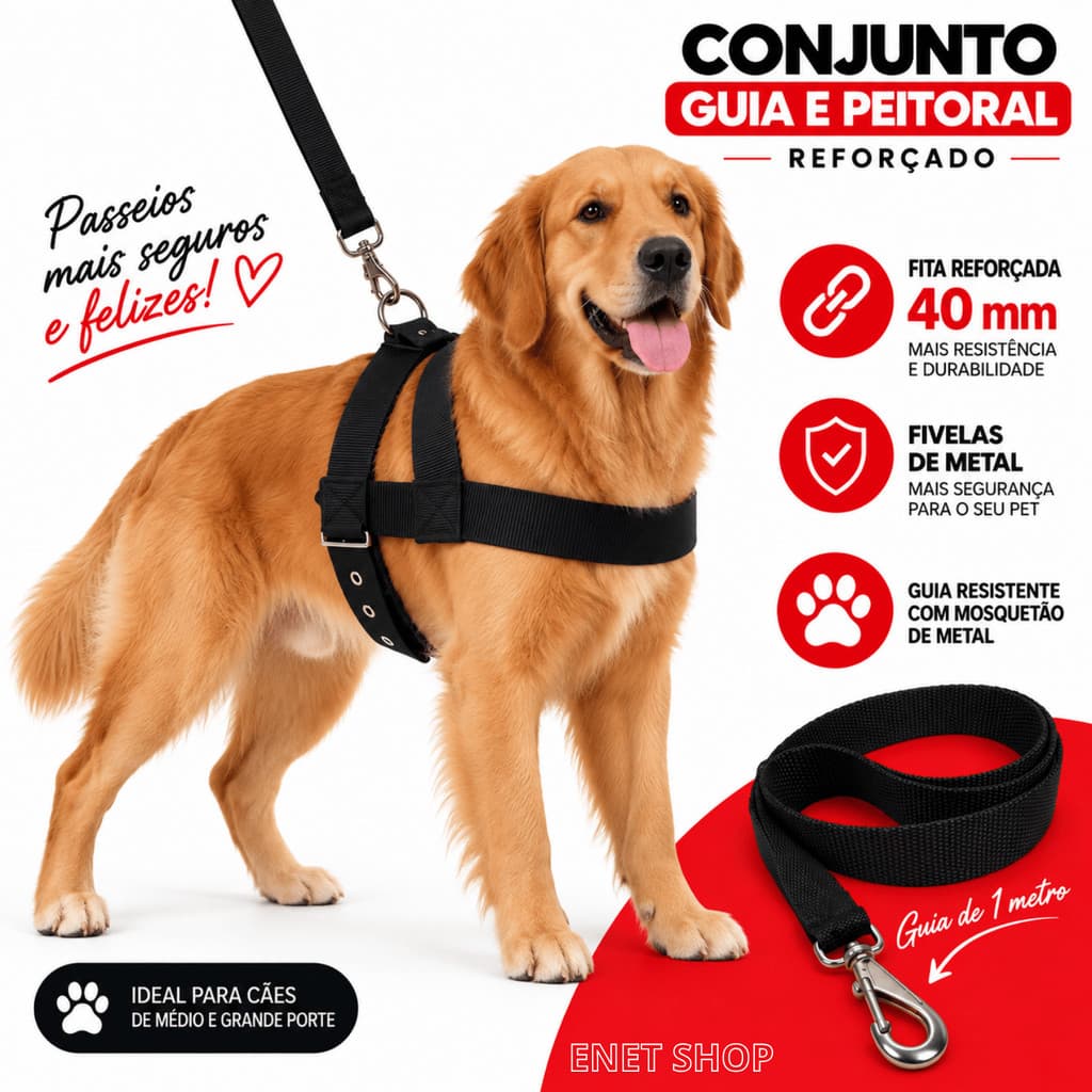 Coleira Peitoral para Cachorro Médio Grande Porte + Guia Reforçada
