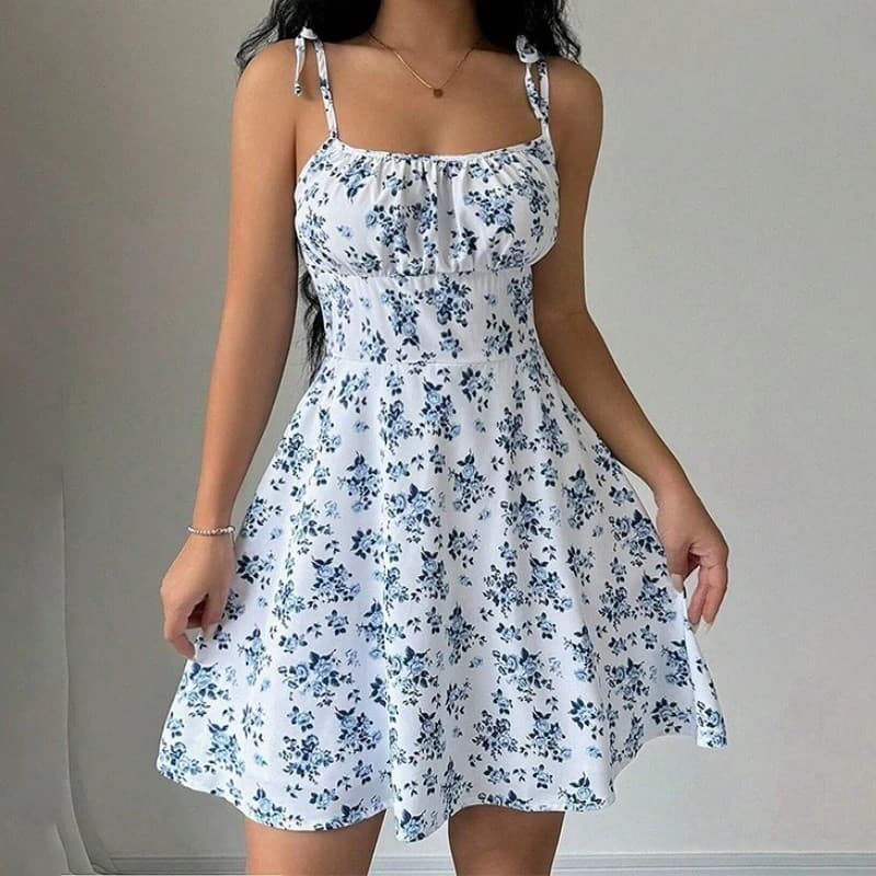 Vestido curto de praia com alças finas e estampa floral para o verão, vestidos femininos, roupas femininas, vestido de v