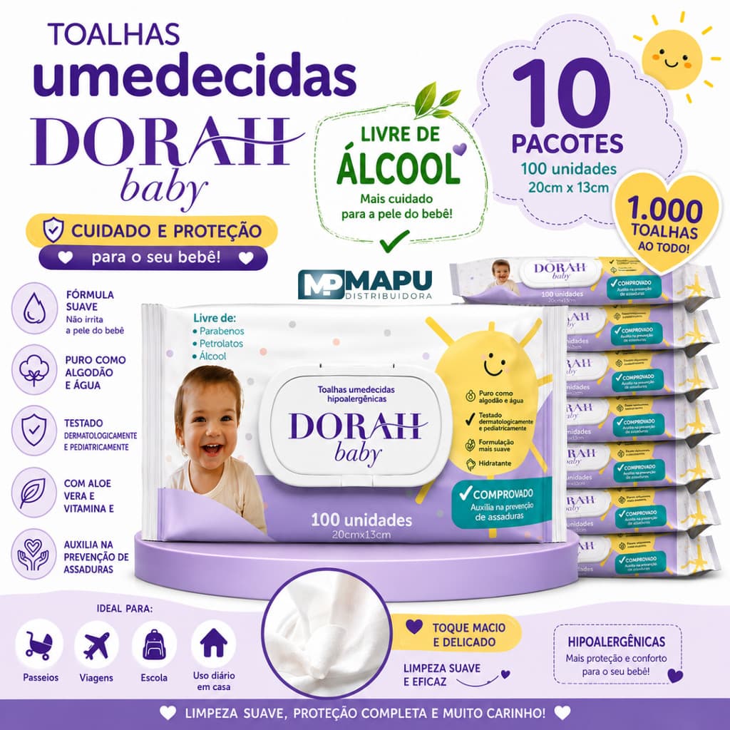 10 Toalhas Umedecidas Sem Álcool - 100 Folhas | Dorah Baby
