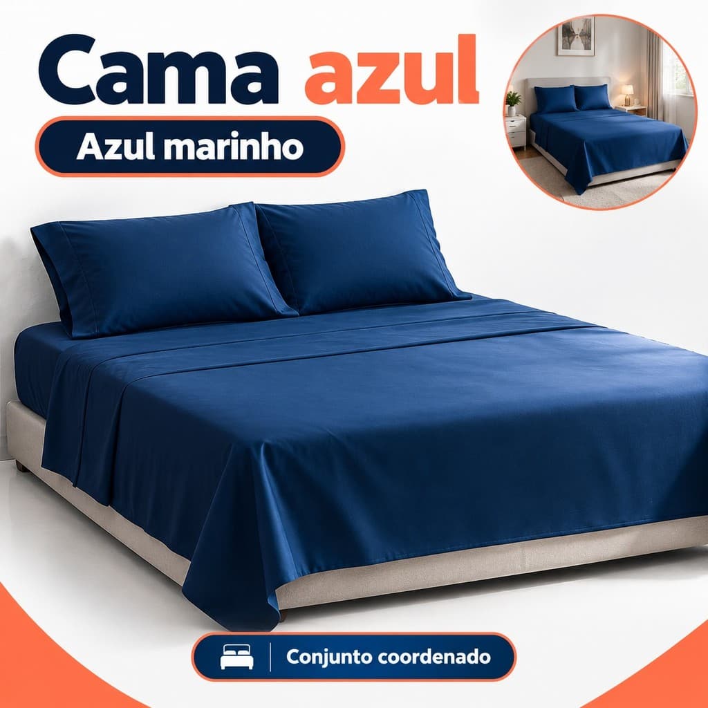 Kit Lençol Azul Casal 3 Peças 400 Fios com Elástico 1,88x1,38m Altura 30cm Fronhas 70x50