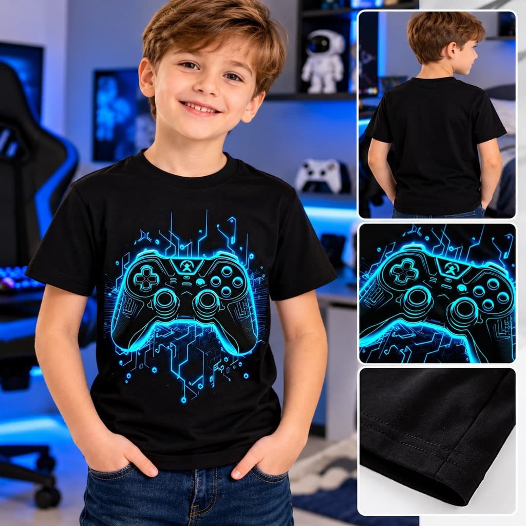 Camiseta Infantil Menino Gamer Controle Videogame Estampada Manga Curta Casual