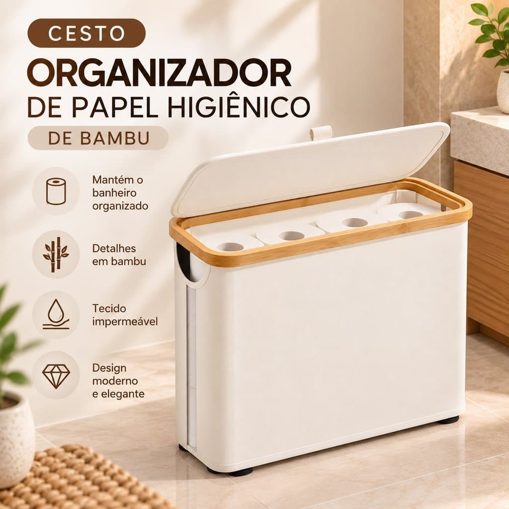 Organizador de Papel Higiênico De Bambu com Tampa Cesto para Banheiro Multiuso