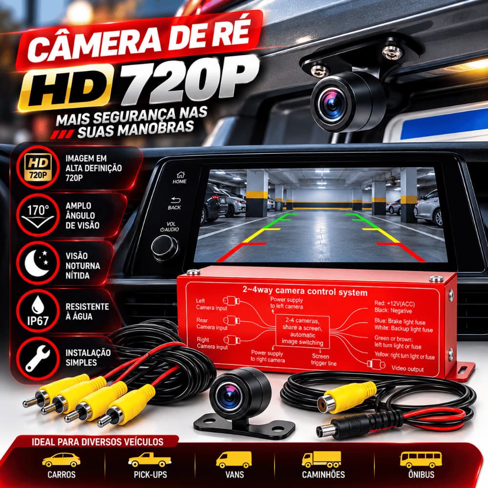 Câmera Traseira para Carro HD 720P 12V RCA Visão Noturna à Prova D'Água para Estacionamento