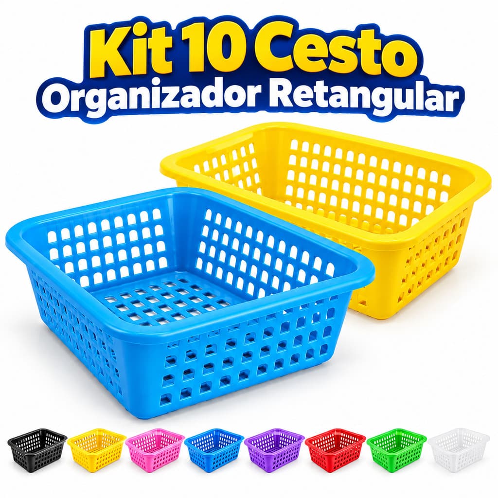 Kit 10 Cesto Organizador Retangular Vazado Multiuso Empilhável Plástico Resistente Gaveta Armário Cozinha