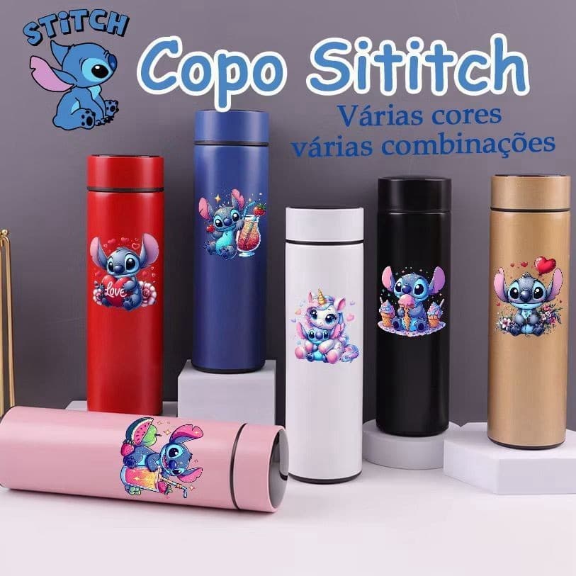 Copo Garrafa Térmica Inox Stitch 500Ml Com Termometro Com Led Digital Filme Inteligente 02