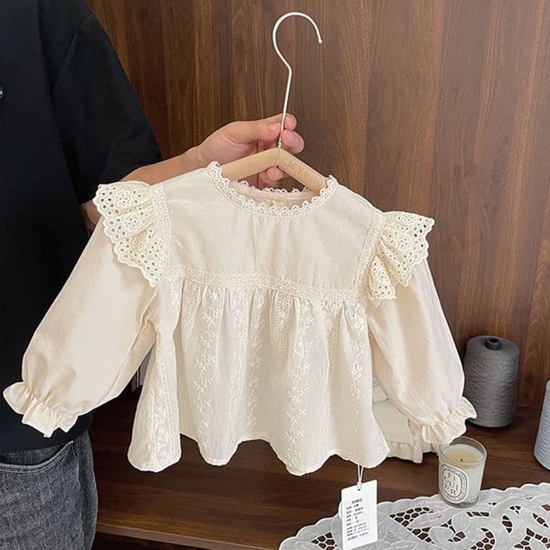 Meninas novo estilo 2026 camisa do bebê menina rendas Jacquard camisa do bebê menina crianças primavera roupas doce eleg