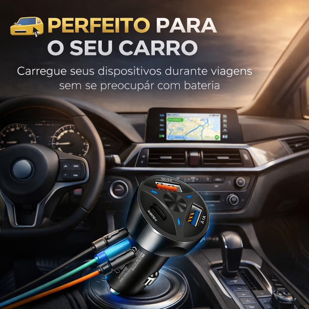 Carregador Veicular Turbo 55W USB-C PD + QC3.0 3 Portas USB Carregador Rápido Celular Carro 12V 24V iPhone Android