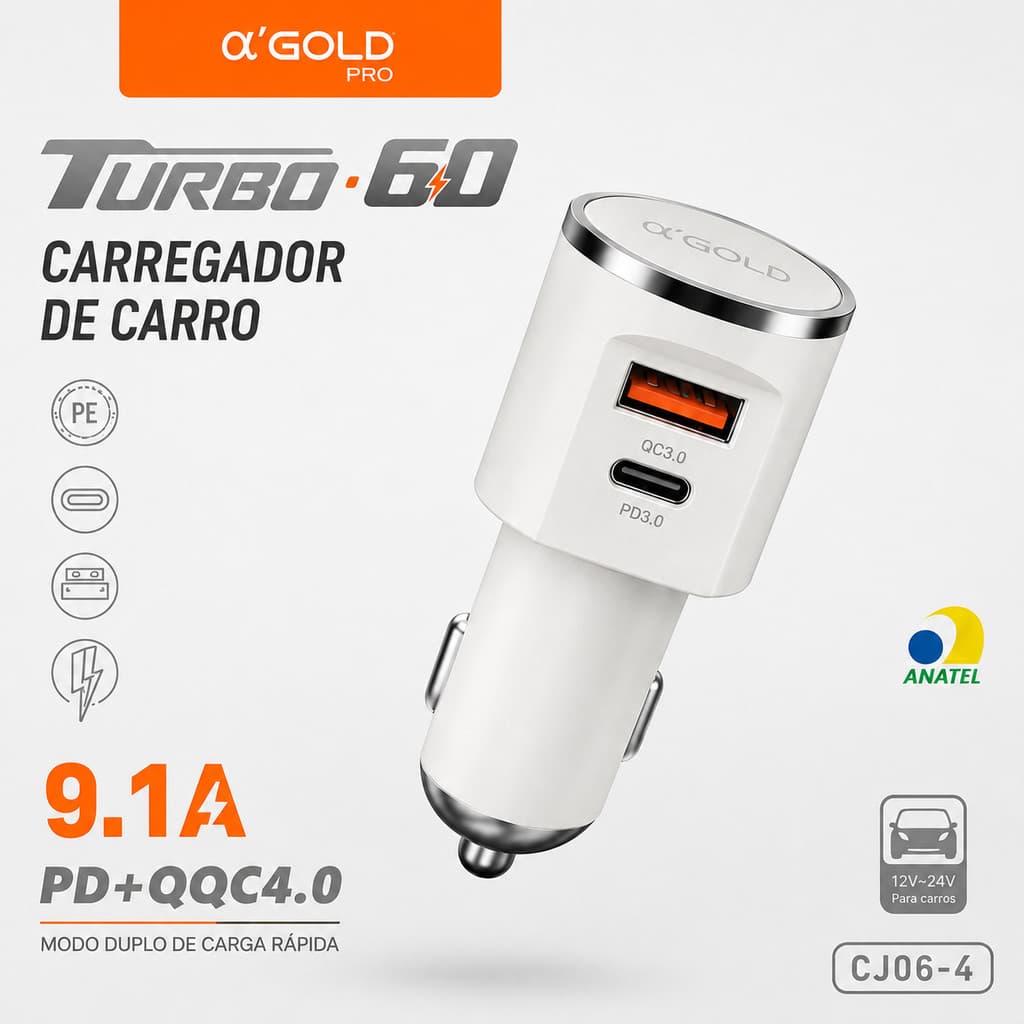 Carregador Veicular Turbo 60W PD+QC4.0 USB+C 9.1A